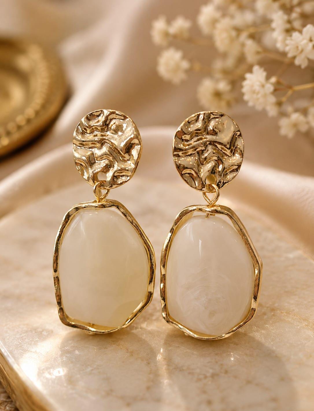 Ivory Stone Gold Drop Earrings – Textured Stud, Geometric Dangle (Wedding)