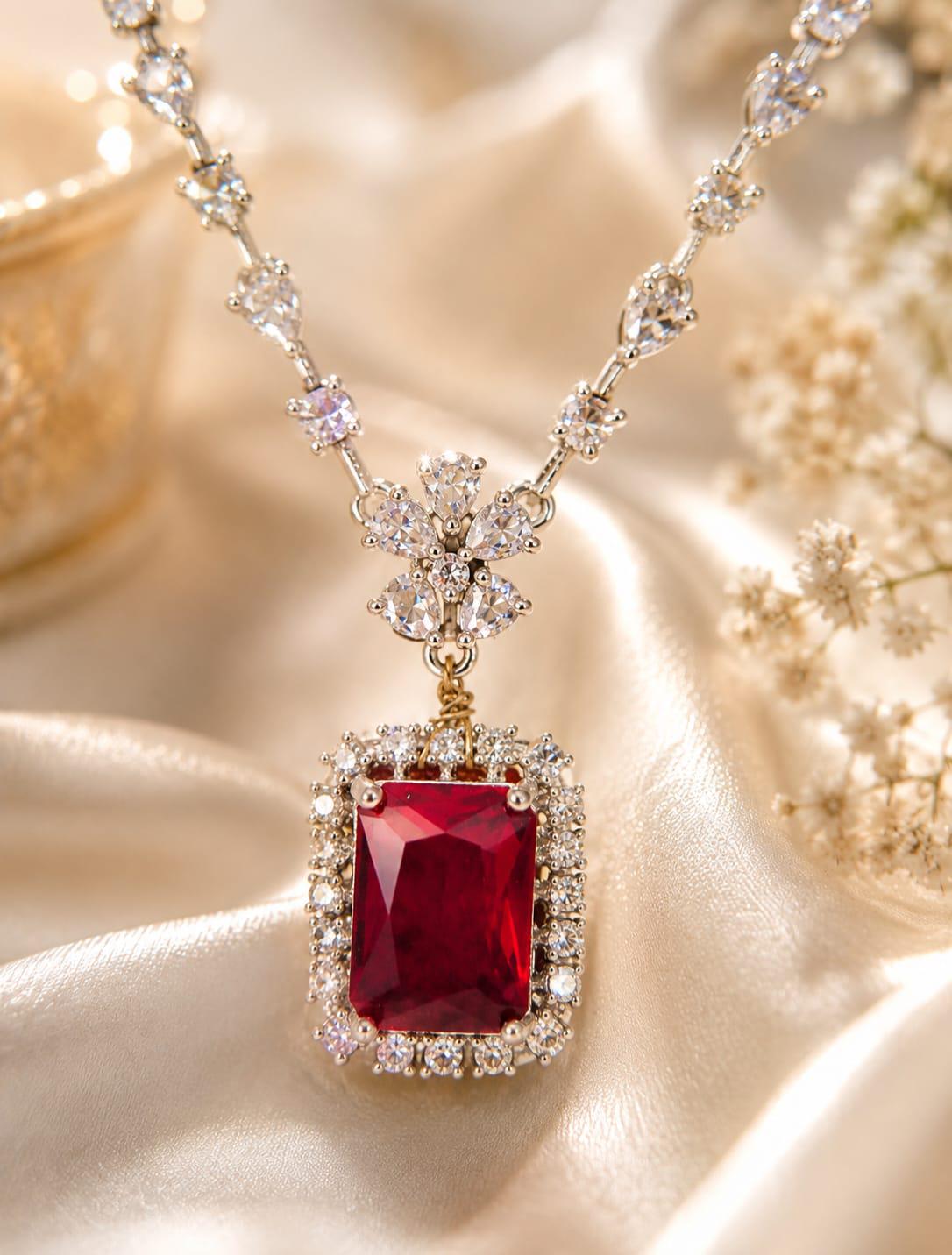 Emerald Cut Ruby Red Crystal Necklace & Earrings Set, Silver Plated Bridal Jewelry