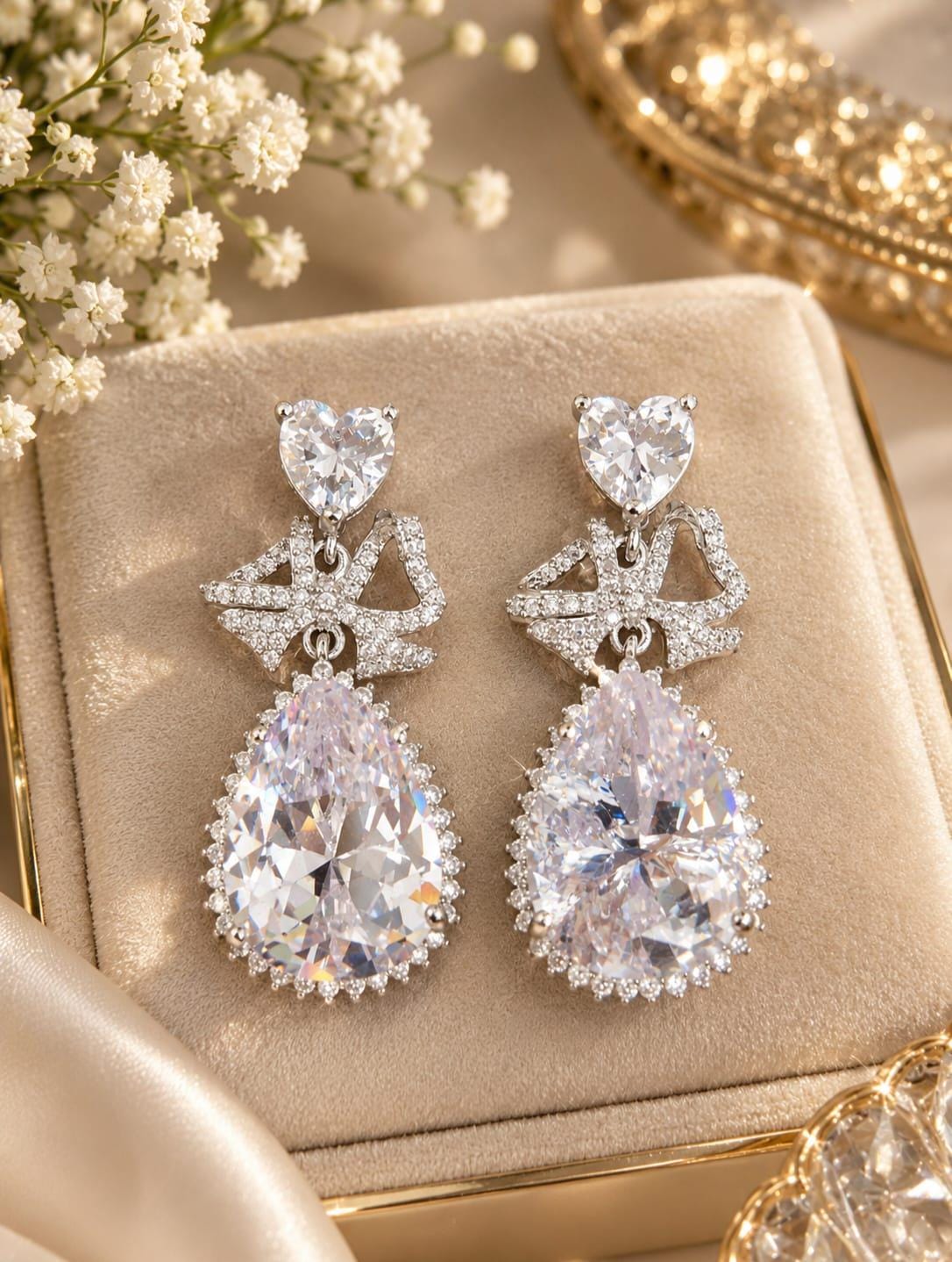 Heart Cut CZ Bridal Earrings | Teardrop Bow Chandelier Drop (White Gold Plated)