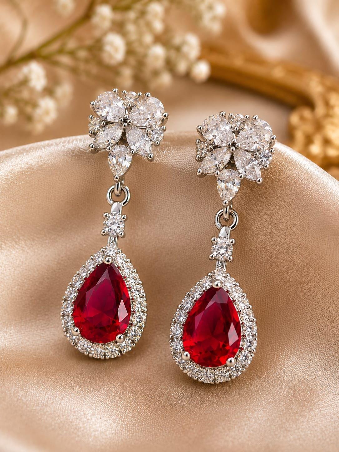 Ruby Red Teardrop Crystal Earrings