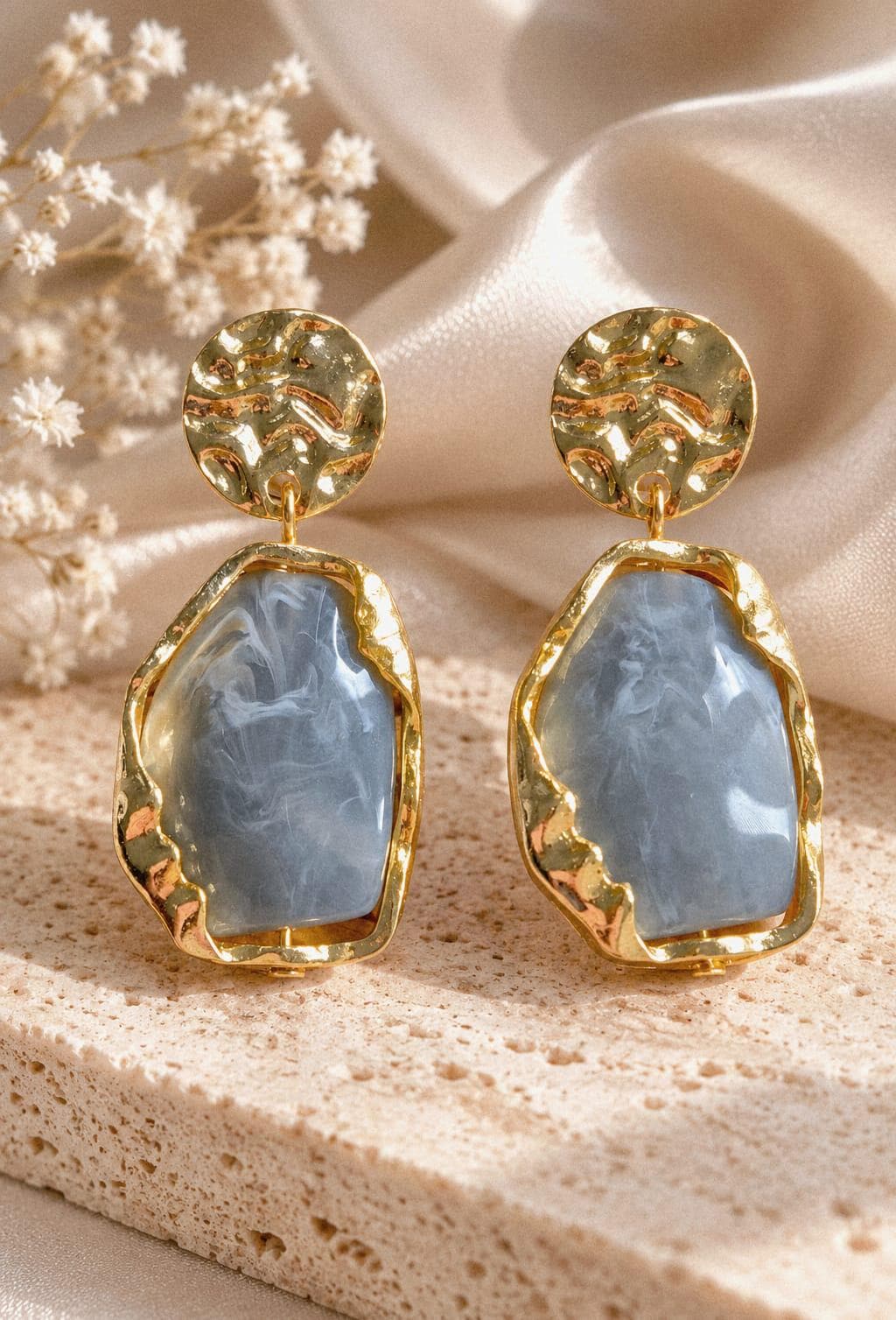 Hammered Gold Grey Resin Stone Drop Earrings, Modern Statement Dangle Jewelry