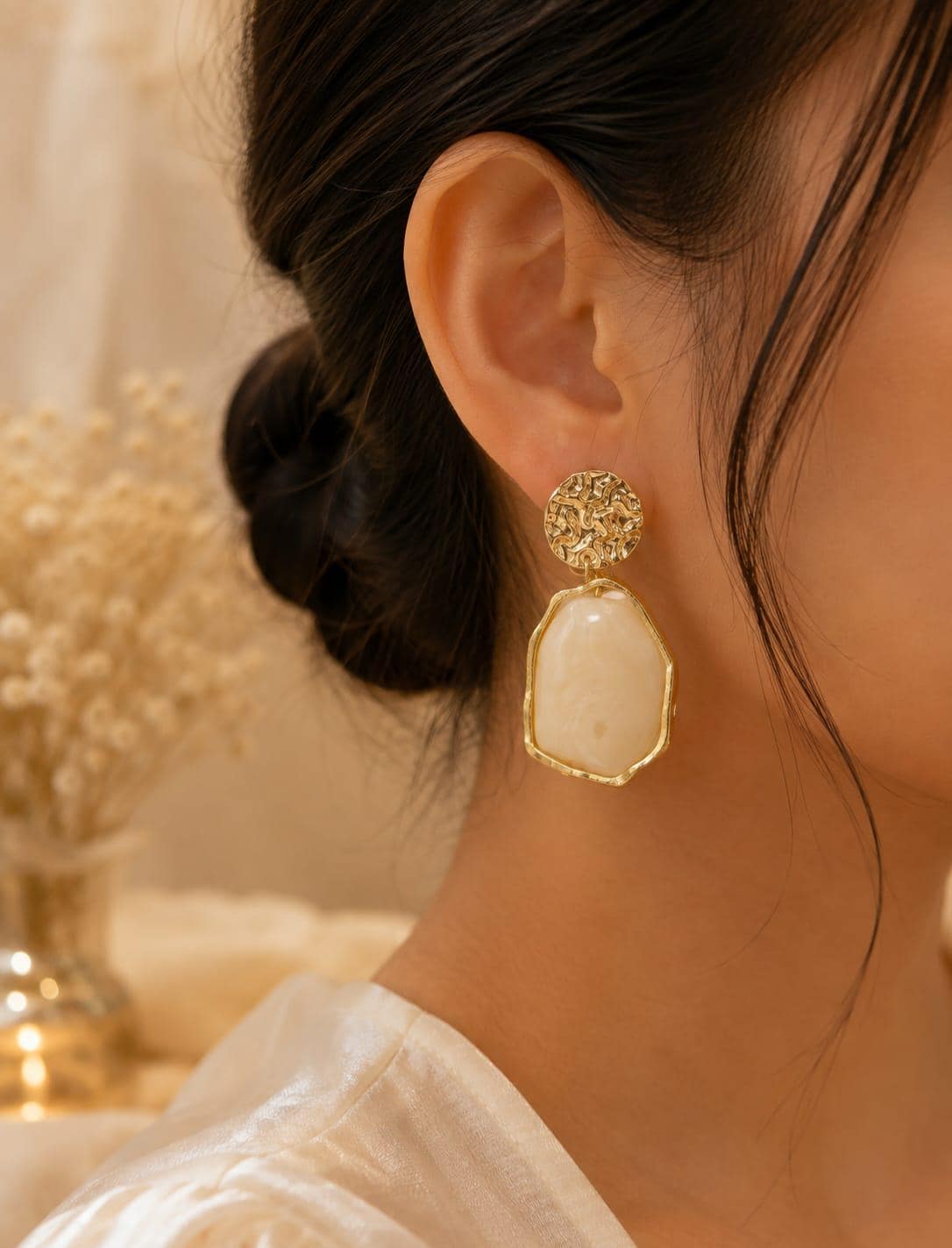 Ivory Stone Gold Drop Earrings – Textured Stud, Geometric Dangle (Wedding)