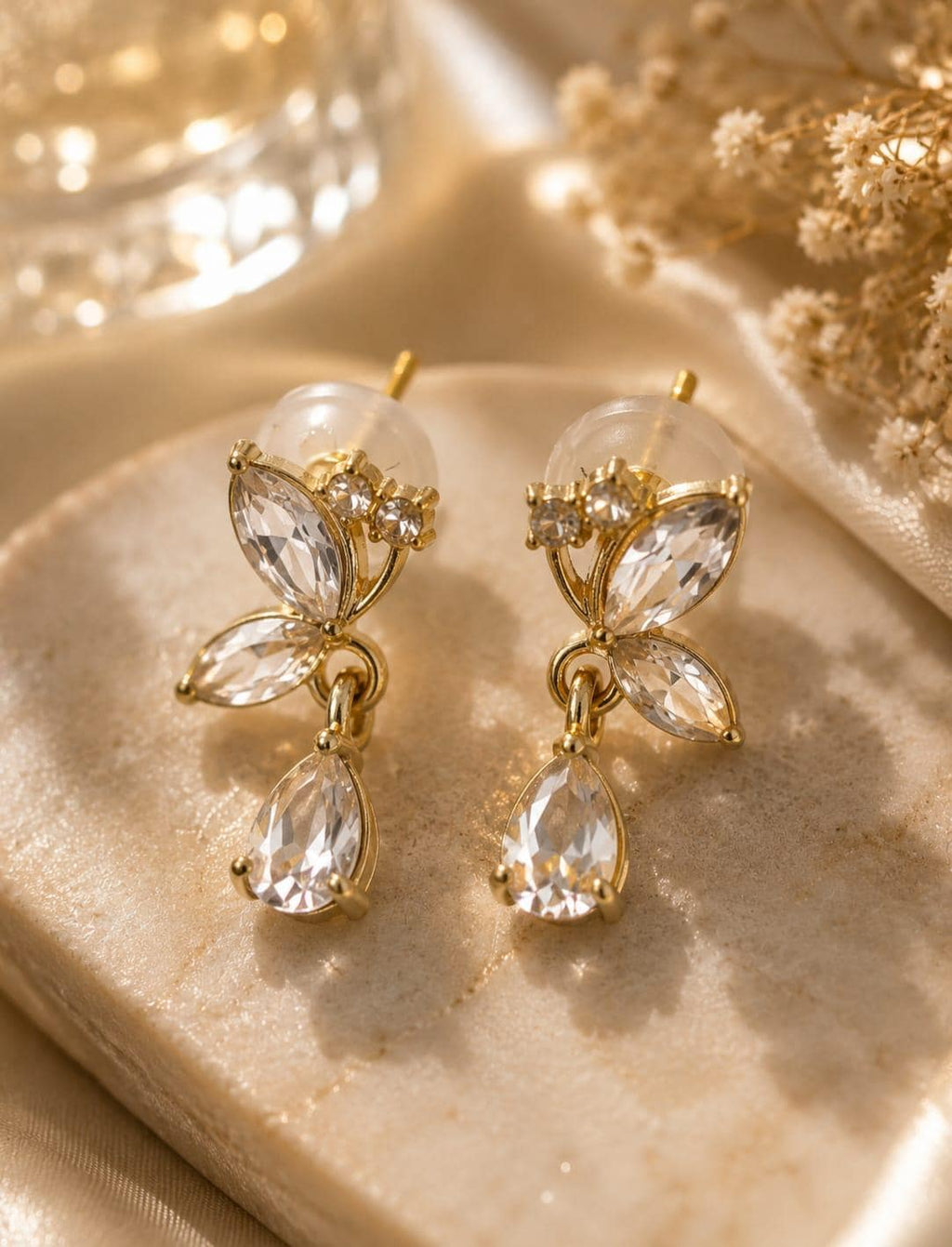 Luxury Gold Butterfly Crystal Drop Earrings – Elegant Teardrop Dangle Earrings, Sparkling Wedding Bridal Jewellery