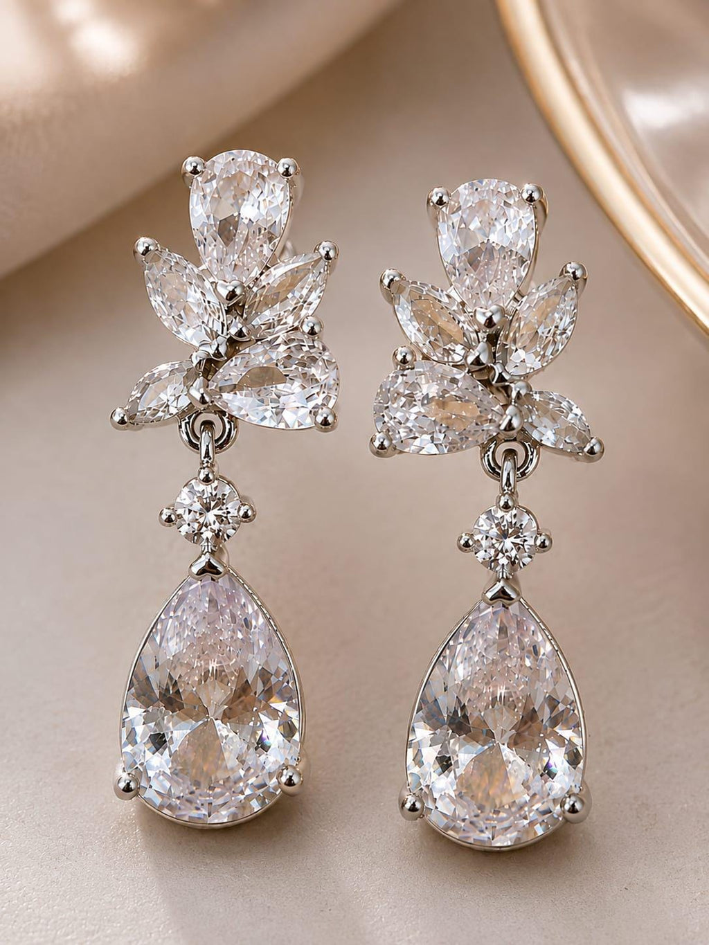 Pear Cut CZ Bridal Earrings: Teardrop Crystal Drop, Floral Cluster Sterling Silver