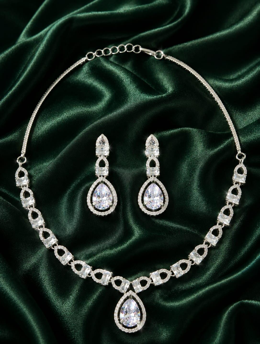 925 Sterling Silver Teardrop CZ Bridal Jewelry Set, Geometric Halo Necklace Earrings