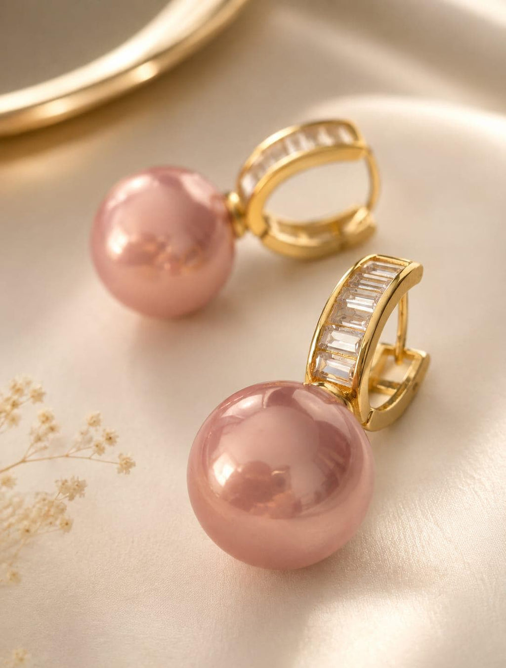 Blush Pink Pearl & Baguette Crystal Drop Earrings