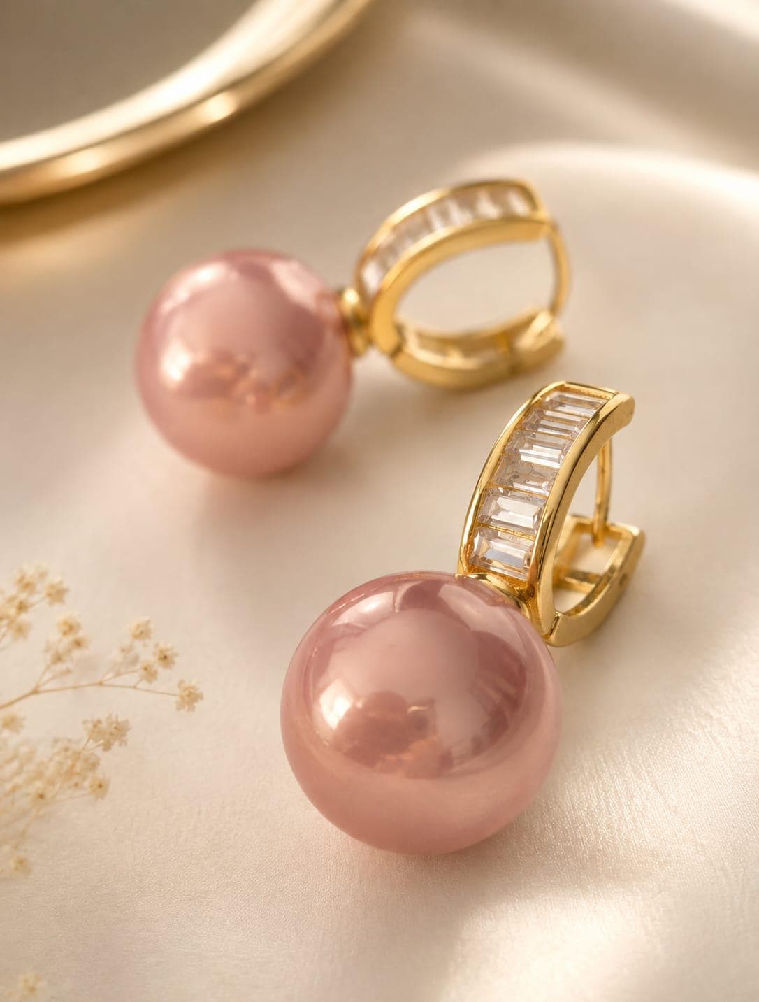 Blush Pink Pearl & Baguette Crystal Drop Earrings