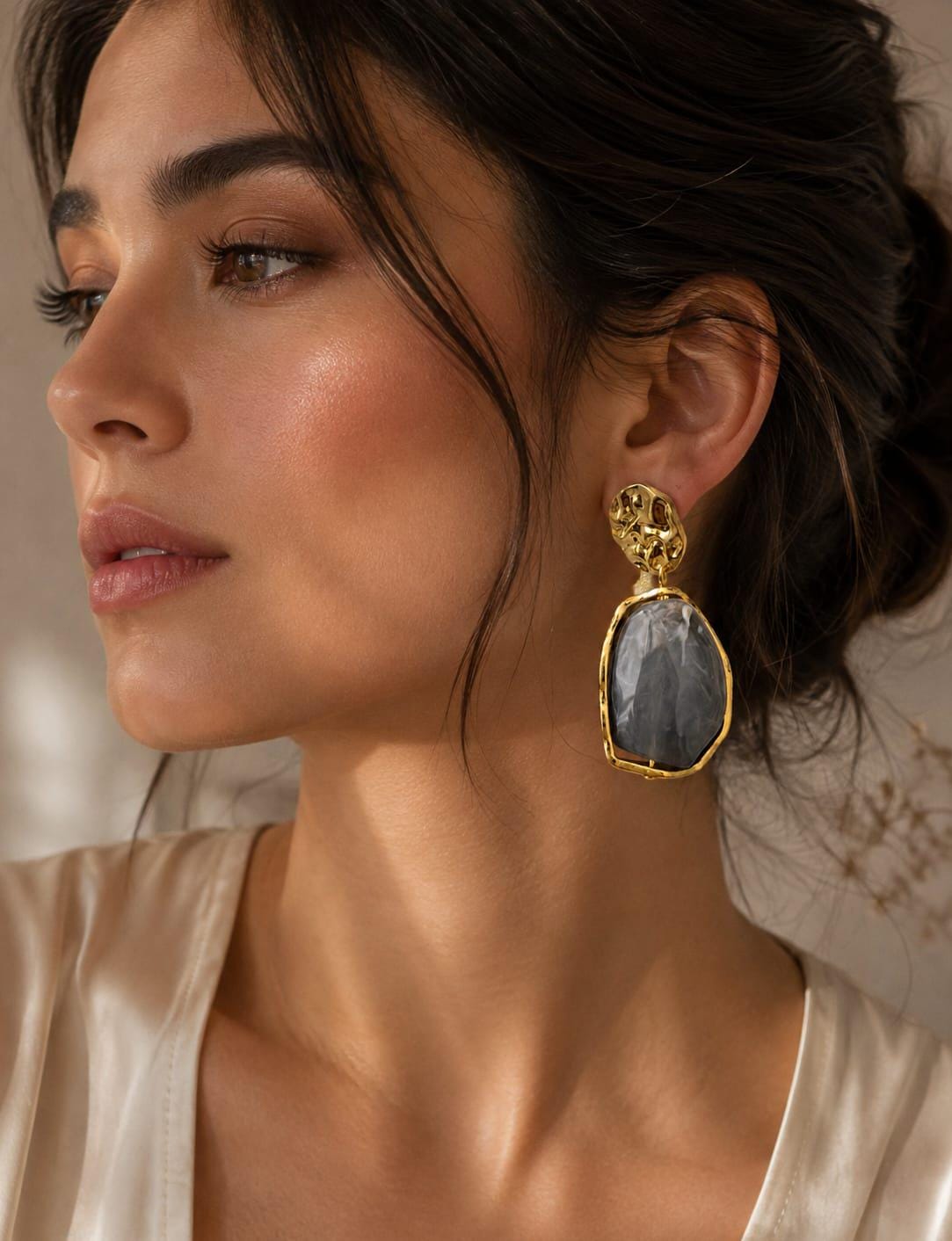 Hammered Gold Grey Resin Stone Drop Earrings, Modern Statement Dangle Jewelry