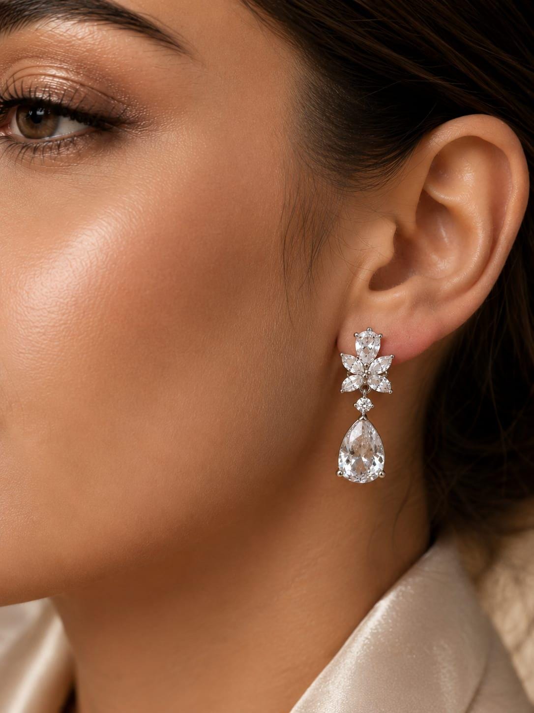Pear Cut CZ Bridal Earrings: Teardrop Crystal Drop, Floral Cluster Sterling Silver