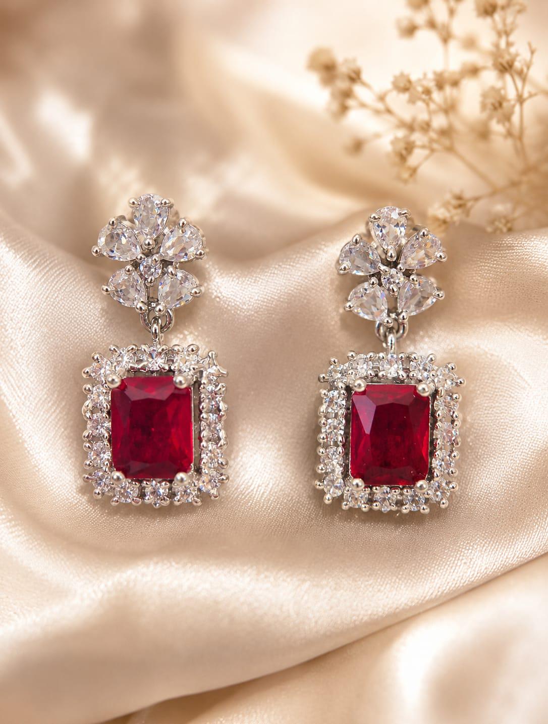 Emerald Cut Ruby Red Crystal Necklace & Earrings Set, Silver Plated Bridal Jewelry