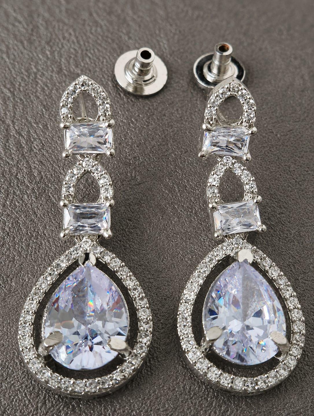 925 Sterling Silver Teardrop CZ Bridal Jewelry Set, Geometric Halo Necklace Earrings