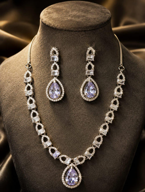 925 Sterling Silver Teardrop CZ Bridal Jewelry Set, Geometric Halo Necklace Earrings