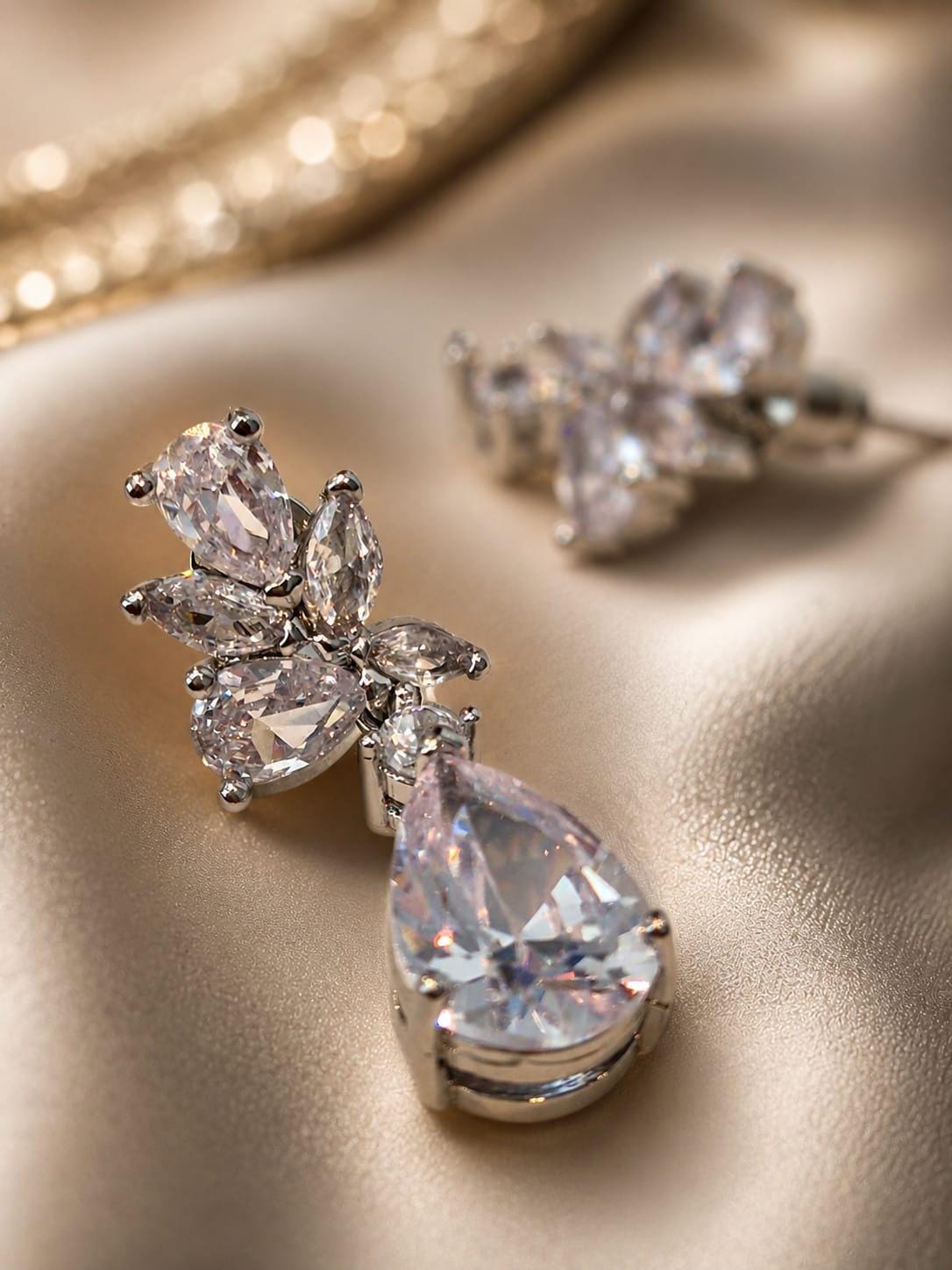 Pear Cut CZ Bridal Earrings: Teardrop Crystal Drop, Floral Cluster Sterling Silver