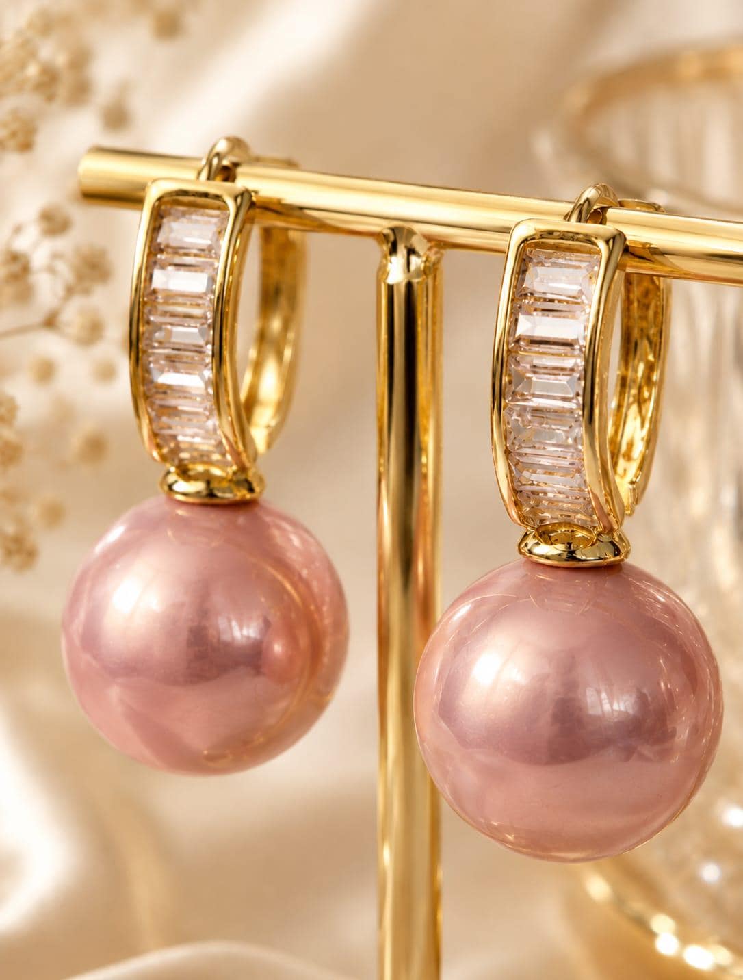 Blush Pink Pearl & Baguette Crystal Drop Earrings