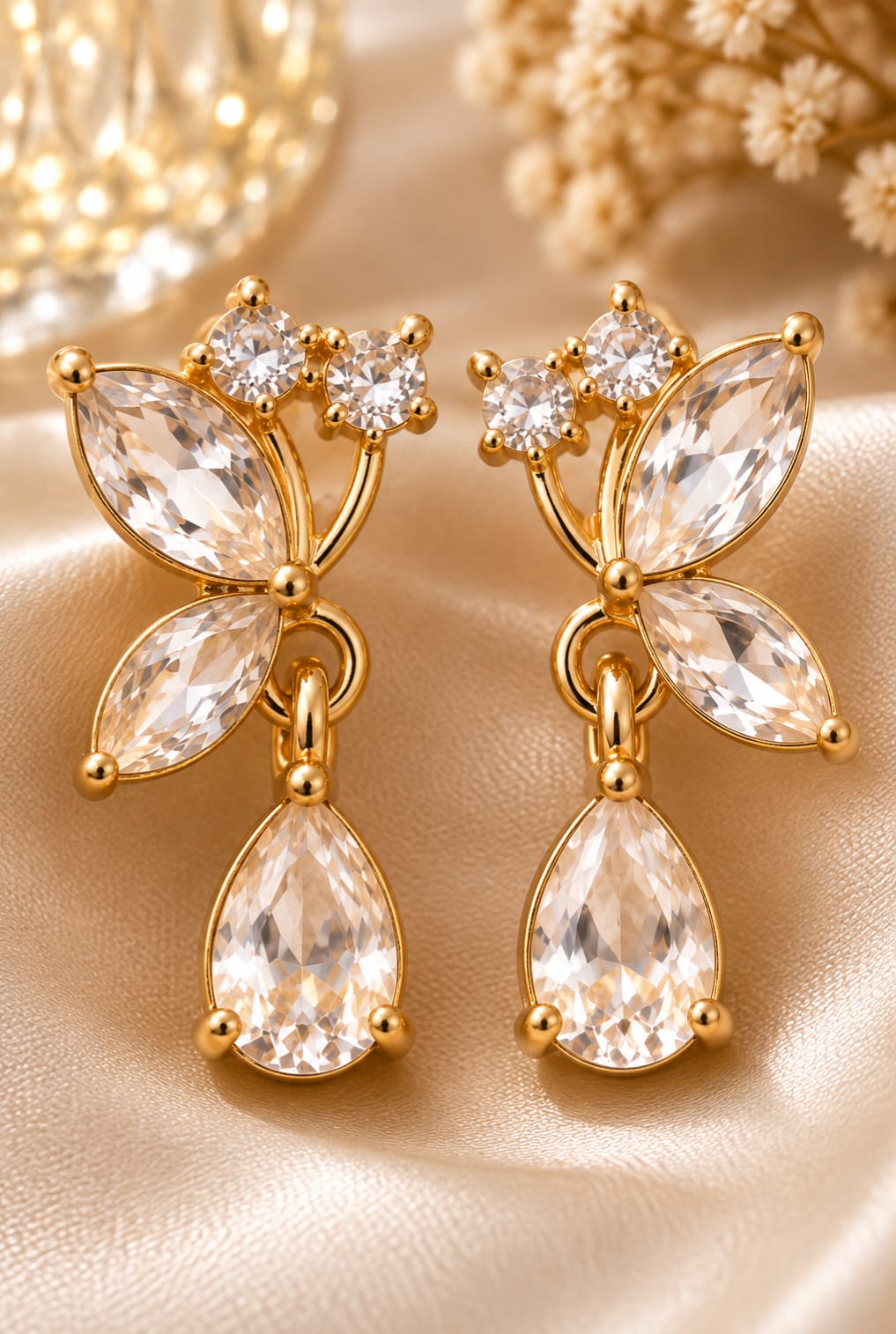 Luxury Gold Butterfly Crystal Drop Earrings – Elegant Teardrop Dangle Earrings, Sparkling Wedding Bridal Jewellery