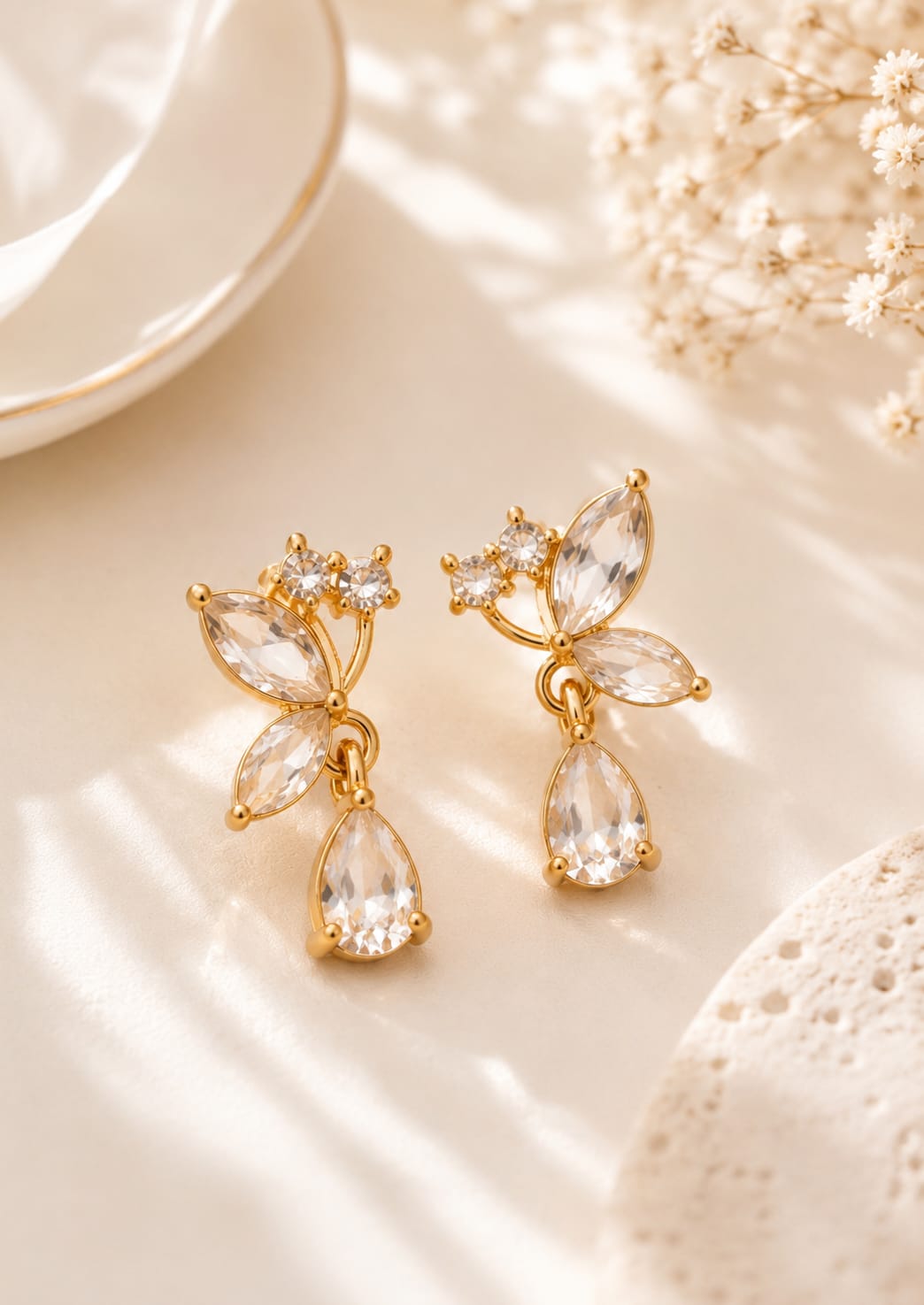 Luxury Gold Butterfly Crystal Drop Earrings – Elegant Teardrop Dangle Earrings, Sparkling Wedding Bridal Jewellery