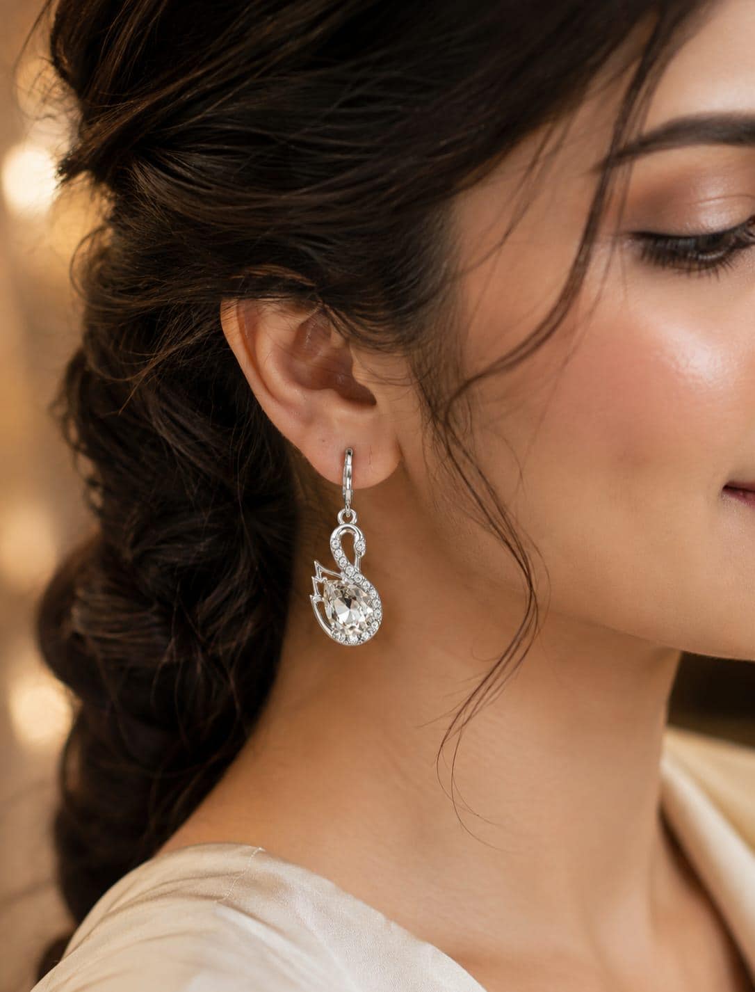 Silver Swan Crystal Drop Earrings