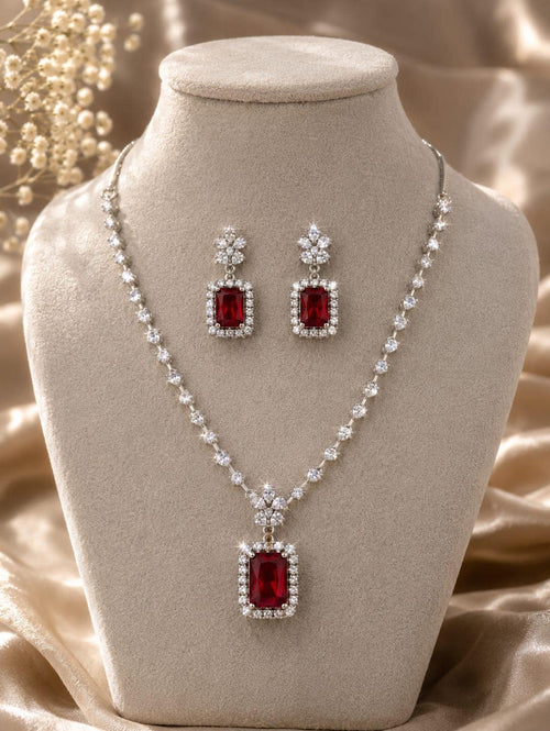 Emerald Cut Ruby Red Crystal Necklace & Earrings Set, Silver Plated Bridal Jewelry