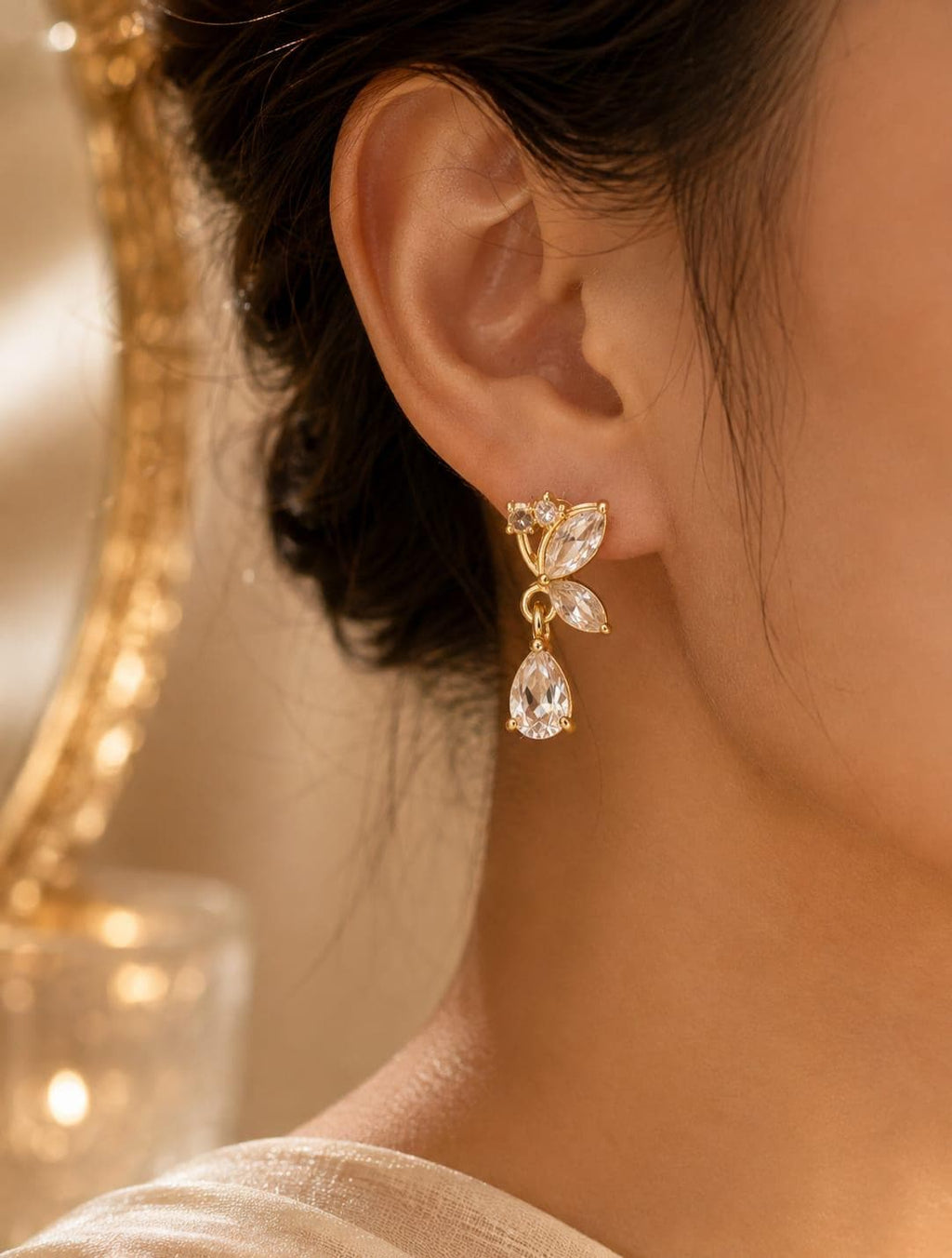 Luxury Gold Butterfly Crystal Drop Earrings – Elegant Teardrop Dangle Earrings, Sparkling Wedding Bridal Jewellery