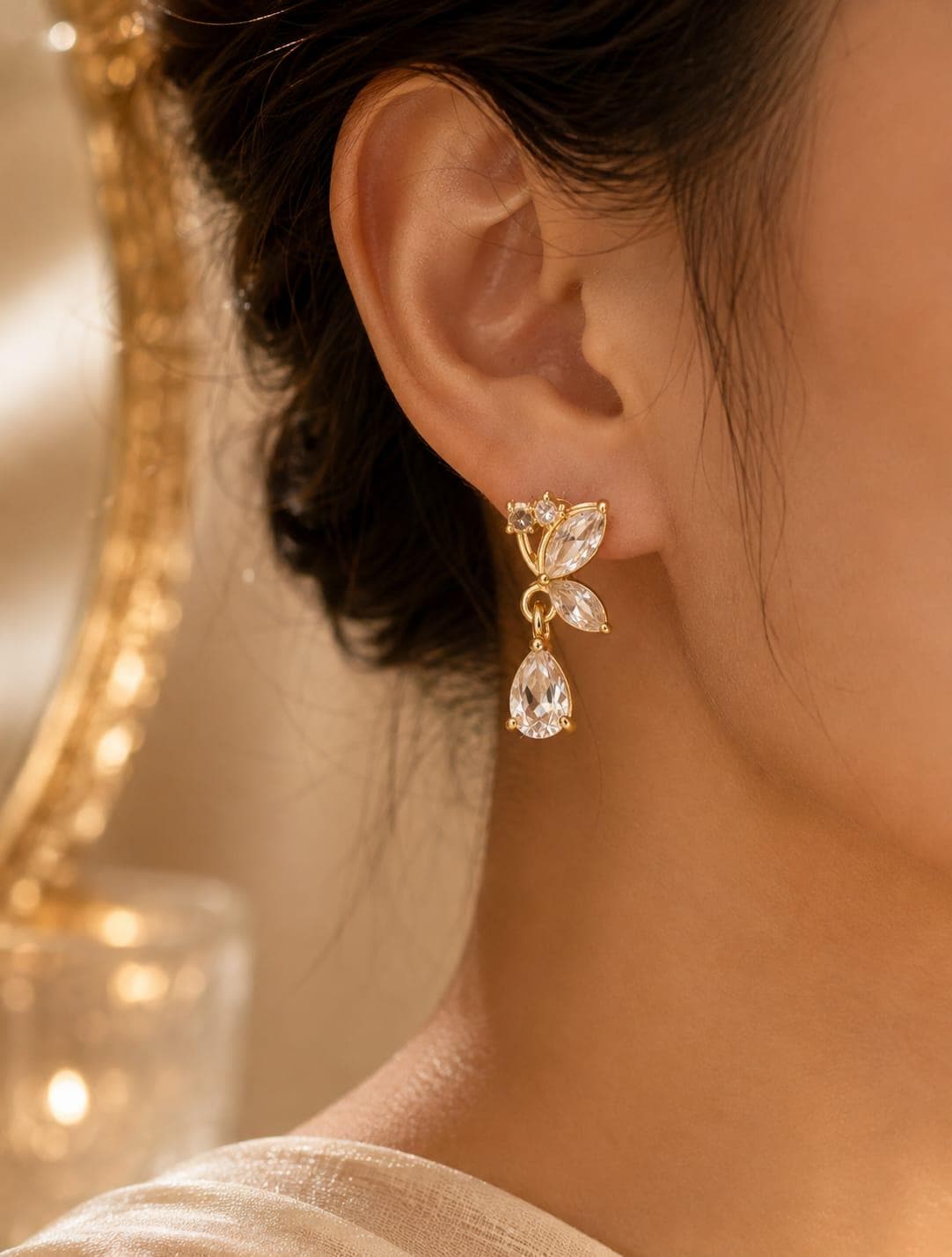 Luxury Gold Butterfly Crystal Drop Earrings – Elegant Teardrop Dangle Earrings, Sparkling Wedding Bridal Jewellery