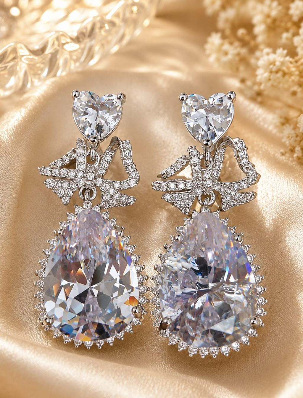 Heart Cut CZ Bridal Earrings | Teardrop Bow Chandelier Drop (White Gold Plated)