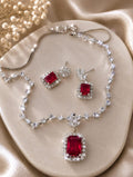 Emerald Cut Ruby Red Crystal Necklace & Earrings Set, Silver Plated Bridal Jewelry