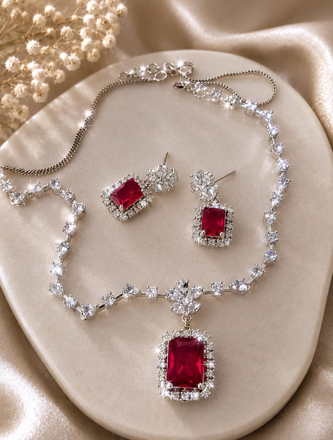 Emerald Cut Ruby Red Crystal Necklace & Earrings Set, Silver Plated Bridal Jewelry