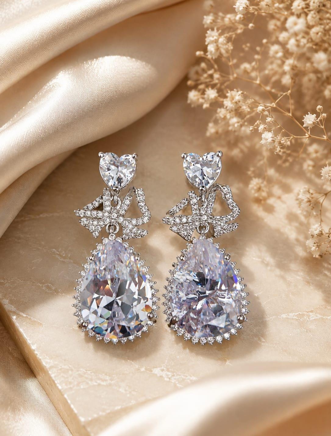 Heart Cut CZ Bridal Earrings | Teardrop Bow Chandelier Drop (White Gold Plated)