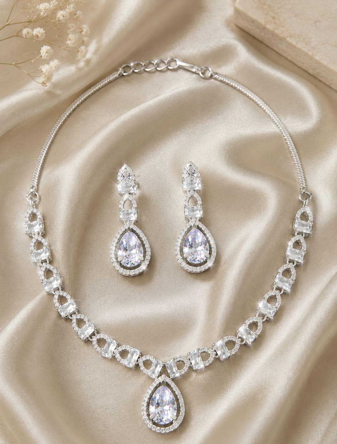 925 Sterling Silver Teardrop CZ Bridal Jewelry Set, Geometric Halo Necklace Earrings