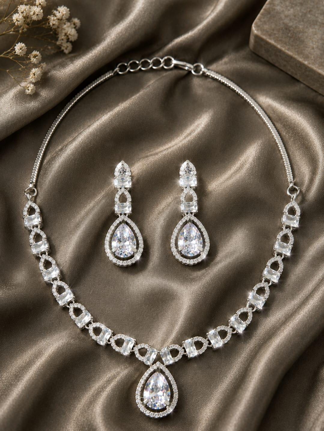 925 Sterling Silver Teardrop CZ Bridal Jewelry Set, Geometric Halo Necklace Earrings