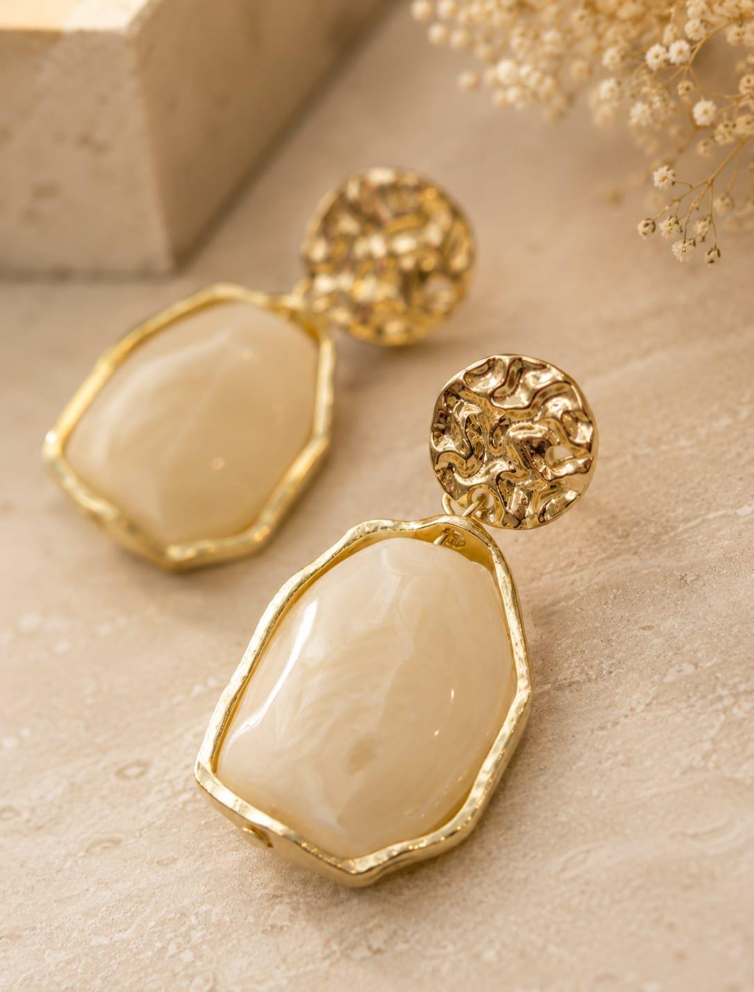 Ivory Stone Gold Drop Earrings – Textured Stud, Geometric Dangle (Wedding)