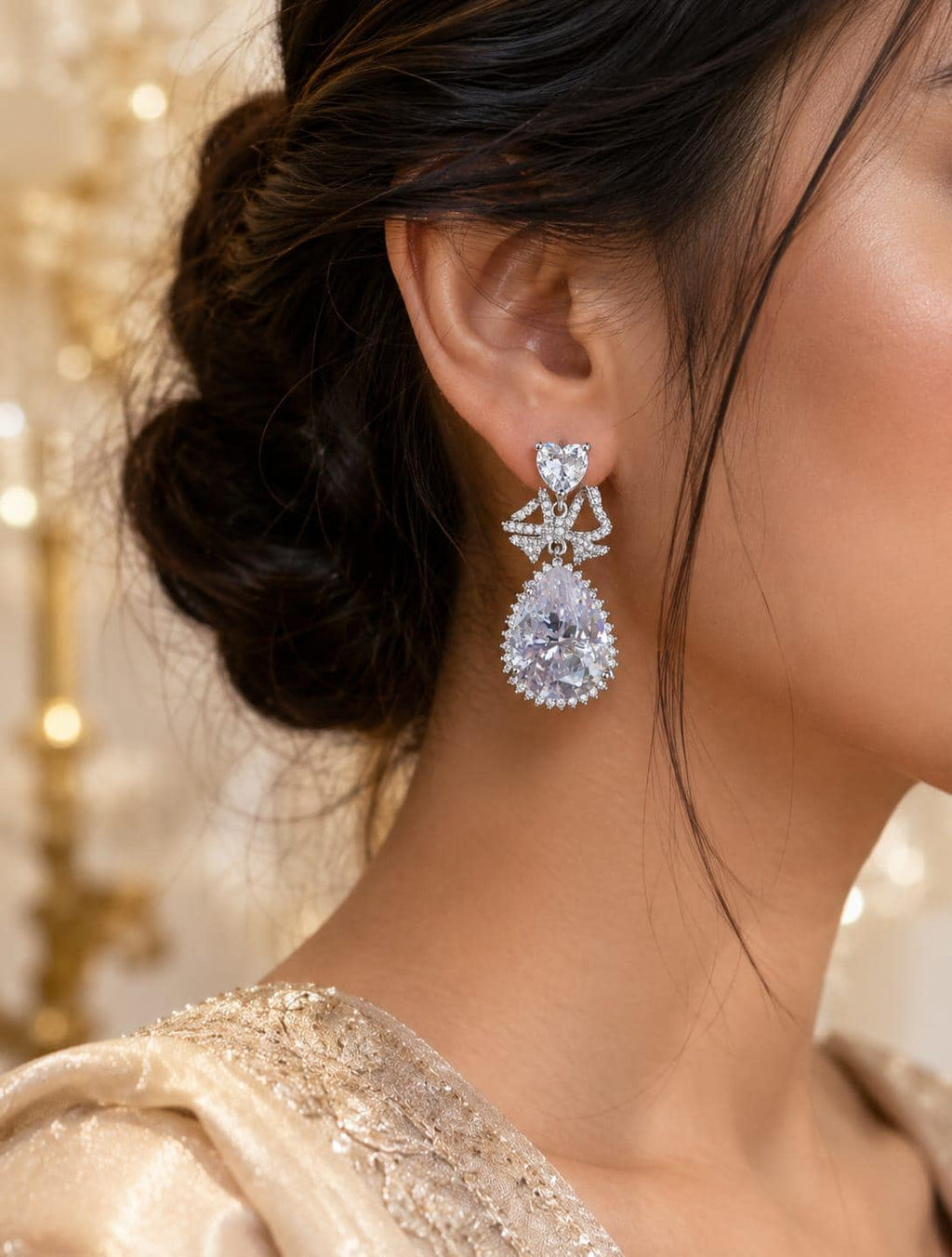 Heart Cut CZ Bridal Earrings | Teardrop Bow Chandelier Drop (White Gold Plated)