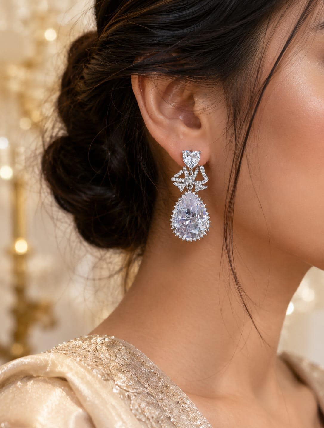 Heart Cut CZ Bridal Earrings | Teardrop Bow Chandelier Drop (White Gold Plated)