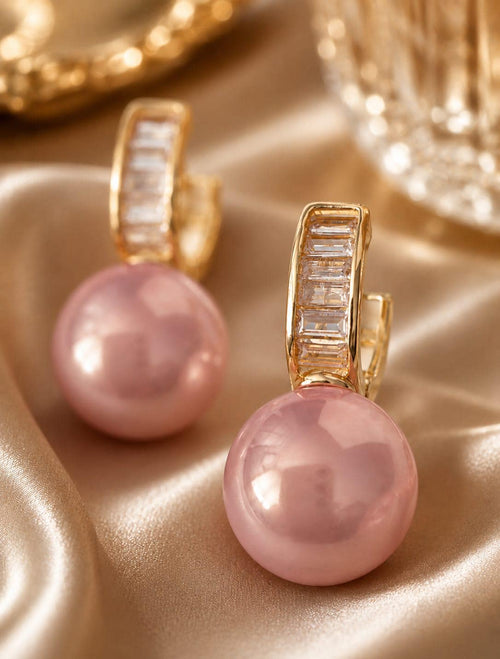 Blush Pink Pearl & Baguette Crystal Drop Earrings