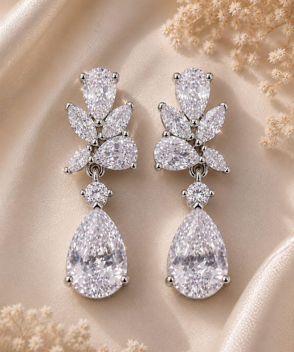 Pear Cut CZ Bridal Earrings: Teardrop Crystal Drop, Floral Cluster Sterling Silver