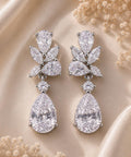 Pear Cut CZ Bridal Earrings: Teardrop Crystal Drop, Floral Cluster Sterling Silver